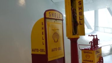 Stuttgart, Germany - May 22, 2022: Mercedes Museum. One of the first petrol stations, museum showroom.