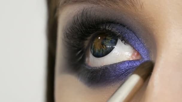 Close View Makeup Artist Makes Models Smoky Eyes Help Special — Stockvideo