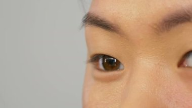 Profesyonel makyaj sanatçısı özel bir fırça ile Asya Koreli modeller yüz vakıf kapatıcı veya vurgulayıcı uygular