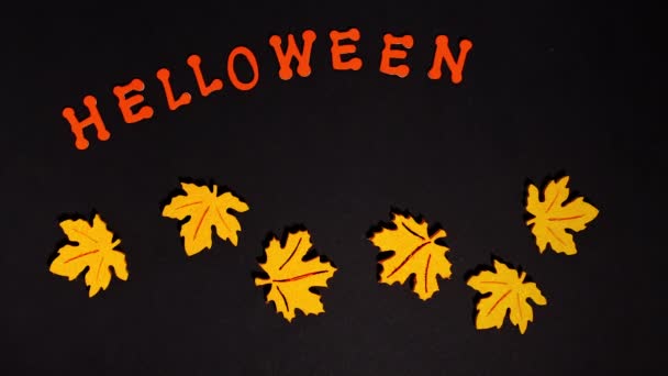 Inscription Hello Autumn Turns Halloween Background Falling Leaves Funny Little — Stok video