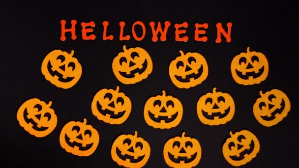 Lot Fun Pumpkins Made Felt Next Halloween Inscription Black Background — Vídeos de Stock