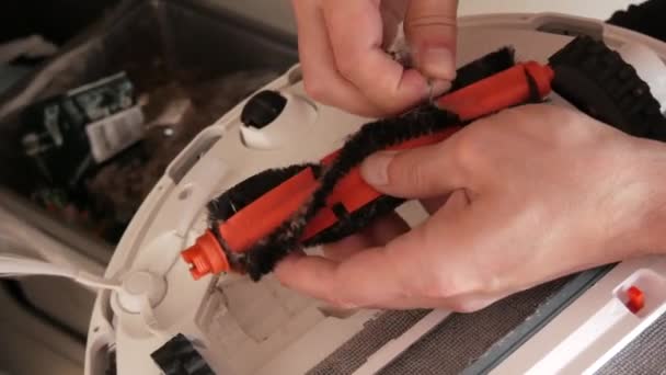 Mans Hand Cleans Brush Smart Robot Vacuum Cleaner Hair Dirt — Vídeo de Stock