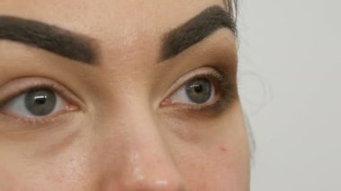 Profesyonel makyöz, kahverengi bir gölgenin dumanlı gözlerini yeşil gözlü güzel bir modelin özel fırçasıyla yapar.