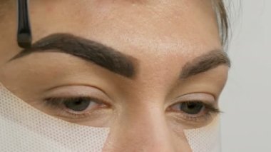 Makyaj sanatçısı, model kızları güzellik salonunda profesyonel makyaj malzemesi yapar. Özel bir fırçayla kaş çizimi