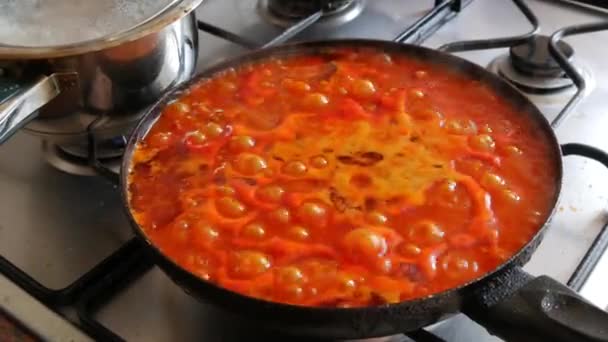 Bulles Dans Poêle Pendant Cuisson Sauce Pour Les Spaghettis Bolognaise — Video