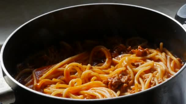 Pasta Boloñesa Una Cacerola Salsa Tomate Especias Carne Picada Espaguetis — Vídeos de Stock