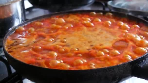 Bubbles Pan While Cooking Gravy Spaghetti Bolognese Pasta Bolognese Saucepan — Stock Video