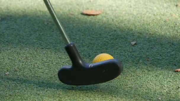 ミニゴルフ 人工芝で覆われた緑のフィールド 上に黄色のボールがあります ゴルフクラブでヒットしています 人工芝コートのゴルフボール — ストック動画