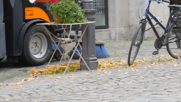 Aachen Germany October 2022 Janitor Removes Fallen Leaves Using Special — Stock Video