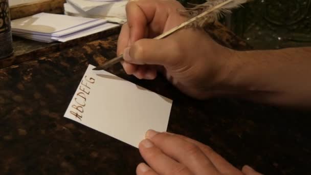 Een Mensenhand Schrijft Het Latijnse Alfabet Inkt Vogelpenveer Installatie Onder — Stockvideo