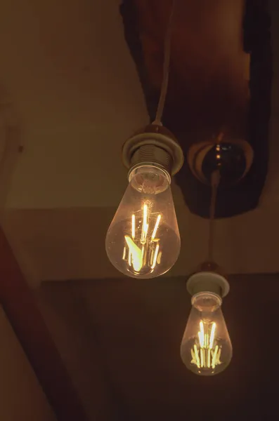 Beautiful Vintage Luxury Light Bulb Hanging Decor Glowing Dark Retro — Stock Photo, Image