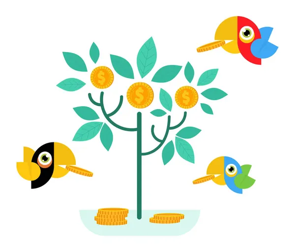 Investiční růst strom vektor ilustrace zisku z příjmu podnikatele peníze mince na stromě a pták nese minci. Cartoon flat commerce and business income concept. — Stockový vektor