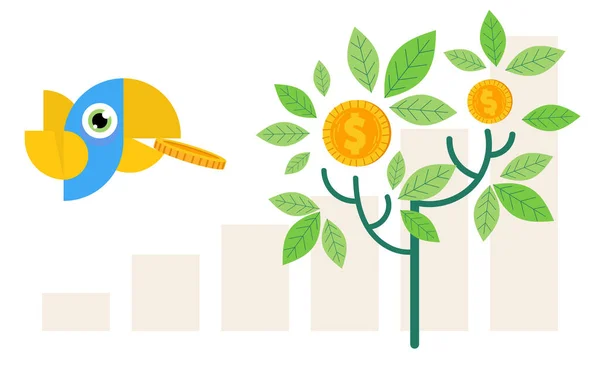 Investiční růst strom vektor ilustrace zisku z příjmu podnikatele peníze mince na stromě a pták nese minci. Cartoon flat commerce and business income concept. — Stockový vektor