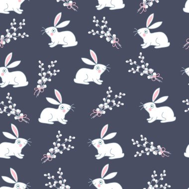 Vector seamless spring floral pattern with white rabbit and pussy-willow bouquet on dark purple background. Can be used for Easter, home decor, textile, fabric, wrapping paper, greeting card.