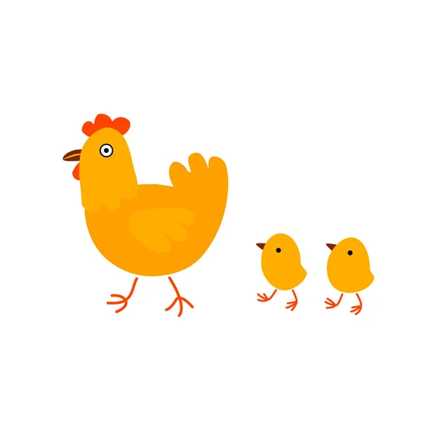 Happy Mother Hen Walking Her Cute Little Chicks Cartoon Vector — Stok Vektör