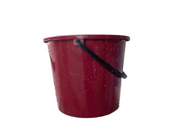 Piros Műanyag Vödör Tisztítására Elszigetelt Fehér Alapon — Stock Fotó