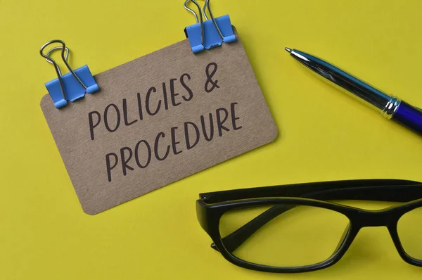 Pen Eyeglasses Brown Card Text Policies Procedure — Stock Photo, Image