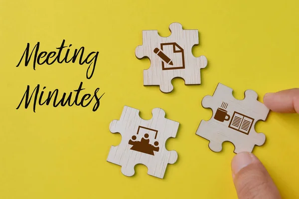 Wooden Jigsaw Puzzle Meeting Minutes Symbols Business Concept — Stockfoto