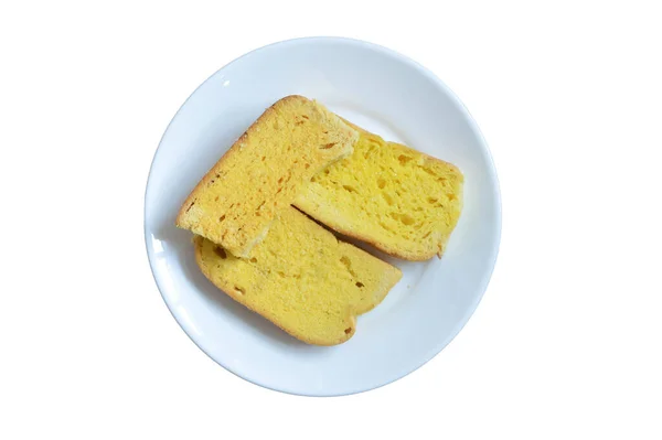 Sliced Bread Butter White Plate White Background — Stockfoto