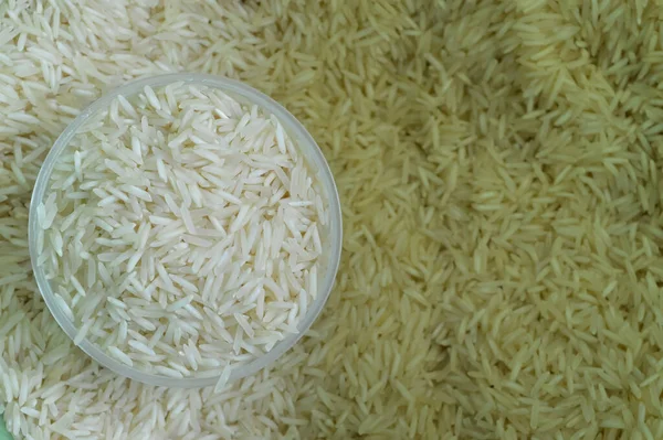 Top View White Rice Plastic Bowl Isolated Rice Background — Foto Stock