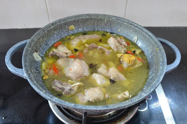 Chicken Soup Pot Broth Boiling Water — Fotografia de Stock