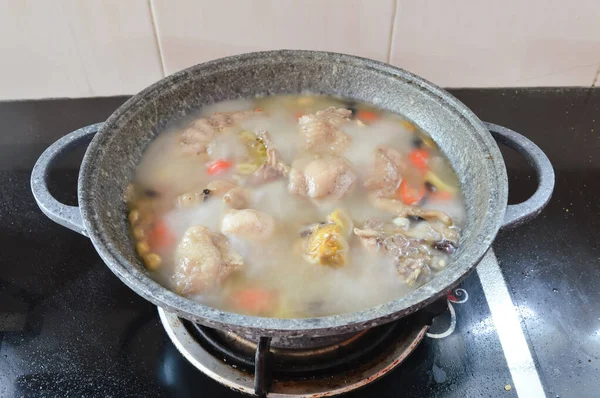 Boiled Chicken Pot Broth Boiling Water — стоковое фото