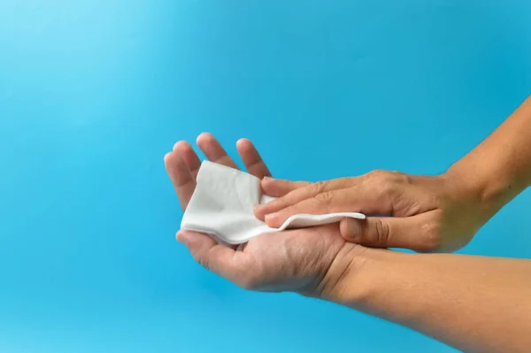Hands Wiping Using White Paper Tissue Healthcare Hygiene Safety Concept — Stock Photo, Image
