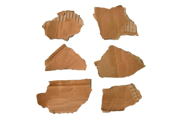 Brown Ripped Cardboard Strips Collection Isolated White Background — Foto Stock
