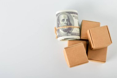 Para banknotları ve karton kutular beyaz arka planda izole edilmiş. Çevrimiçi paket taşıma kavramı
