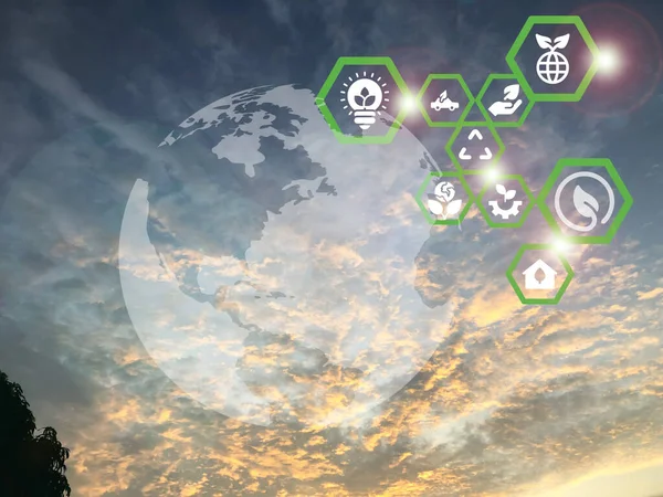 Beautiful sky with ecology and environment conservation symbols. Eco green concept.