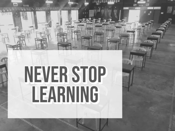 Motivational quote written with NEVER STOP LEARNING.