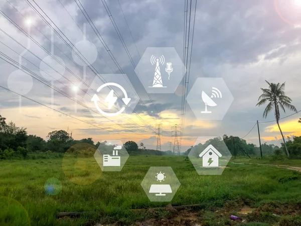 High voltage electric transmission tower with electricity set icons. Global electricity demand concept.