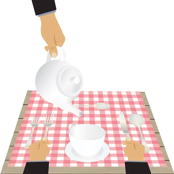 Masada Çatal Bıçak Takımı Var Porselen Çanak Çömlek Bulaşıklar Çaydanlık — Stok Vektör