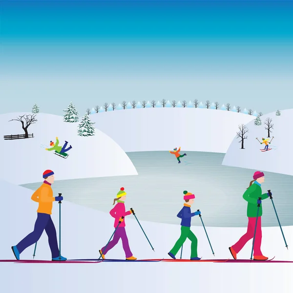 Familie Skiën Actieve Familie Familie Sport Winter Sport — Stockvector