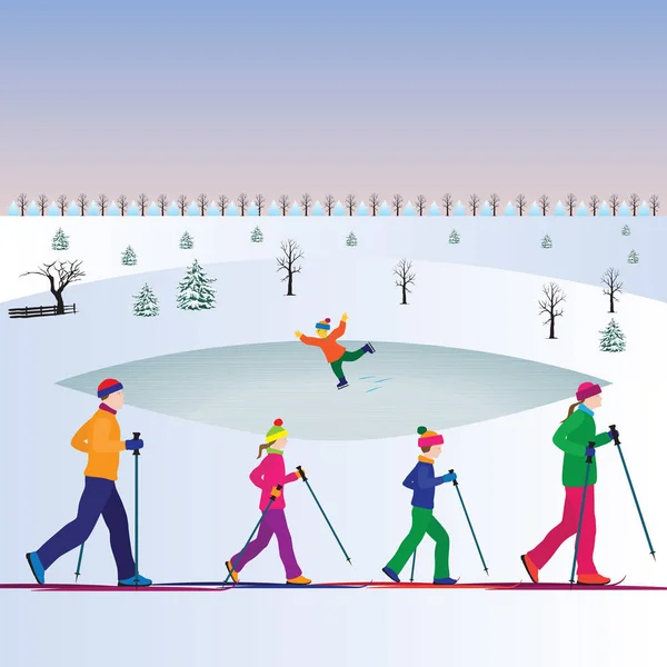 Familie Skiën Actieve Familie Familie Sport Winter Sport — Stockvector