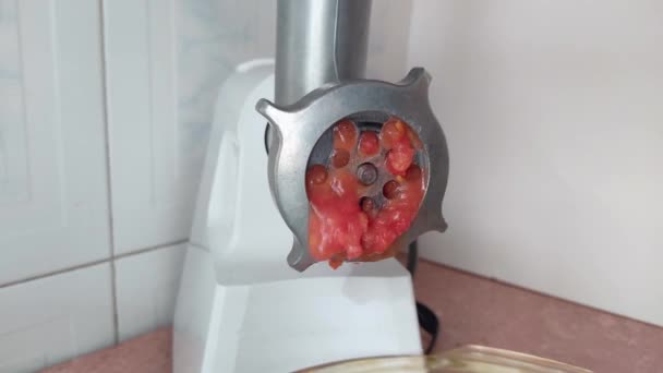 Os tomates são torcidos em um moedor de carne. — Vídeo de Stock