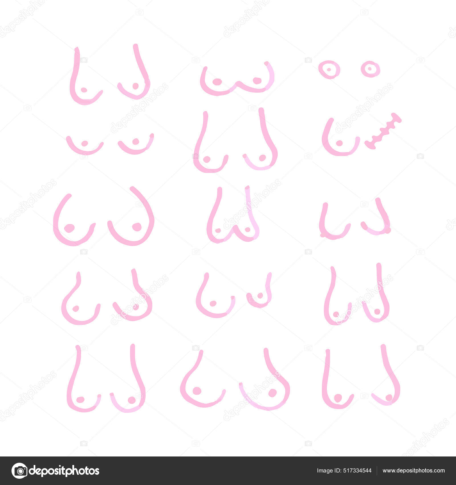 Different Types Hand Drawn Breasts Boobs Set Pink Marker Pen Stock