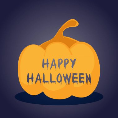 Mutlu Cadılar Bayramı. Balkabağında kanlı mesaj. Karanlık arka plan. Vektör illüstrasyonu, düz tasarım