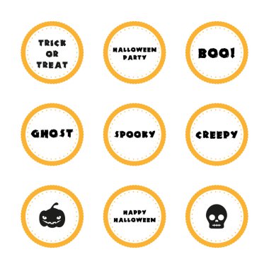 Etiket koleksiyonu. Cadılar Bayramı ifadeleri. Deniz tarağı daire etiketleri. Vektör illüstrasyonu, düz tasarım