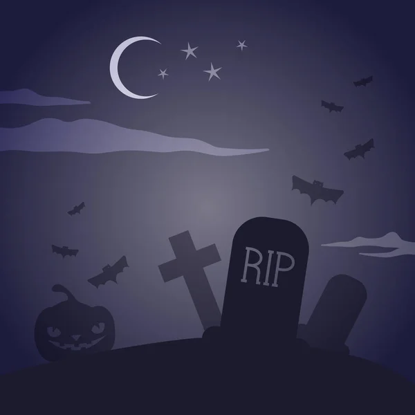 Scary Night Cemetery Tombs Bats Vector Illustration Flat Design — Stock Vector