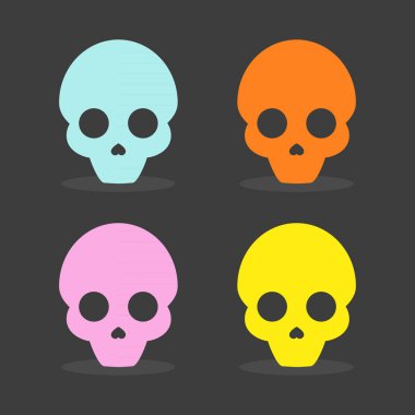Set: Düz renkli kafatası simgeleri. Karanlık arka plan. Vektör illüstrasyonu, düz tasarım