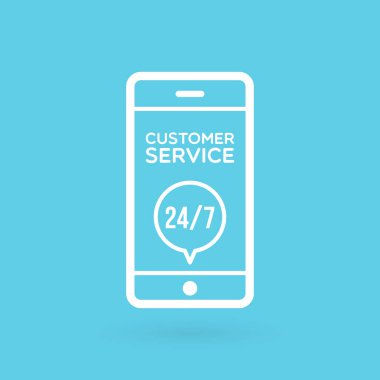 Smartphone müşteri hizmetleri 7 / 24 resim. 7 / 24 açık konsept, destek, yardım, temas, müşteri hizmetleri. Vektör illüstrasyonu, düz tasarım