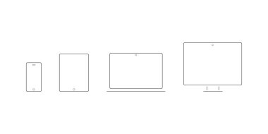 Aygıt Simgeleri: akıllı telefon, tablet, laptop ve masaüstü bilgisayarı. İnce çizgi. Vektör illüstrasyonu, düz tasarım