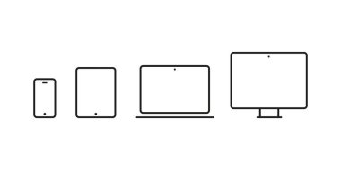 Aygıt Simgeleri: akıllı telefon, tablet, laptop ve masaüstü bilgisayarı. Vektör illüstrasyonu, düz tasarım