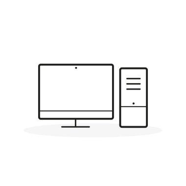 Masaüstü bilgisayar simgesi. Kalın çizgi. Vektör illüstrasyonu, düz tasarım