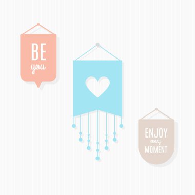 Duvarında motivasyon alıntıları asılı flama çizimleri. Vektör illüstrasyonu, düz tasarım