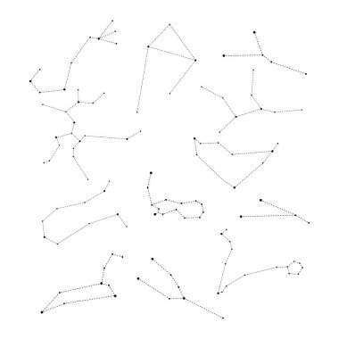 Zodiac Takımyıldızları hazır. Burç işaretleri: Koç, Taurus, Gemini, Kanser, Leo, Başak, Terazi, Akrep, Yay, Oğlak, Kova, Balık. Siyah ikonlar. Vektör illüstrasyonu