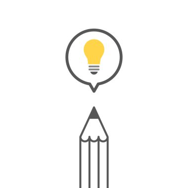 Konuşma balonlu kalem ve ampul simgesi. Yaratıcılık kavramı, sanat, tasarım, fikir. Vektör illüstrasyonu, düz tasarım