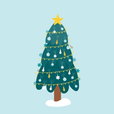 Mutlu noeller. Yıldızlı Noel ağacı. Süslemeler, süsler, toplar ve ağaçtaki Noel ışıkları. Vektör illüstrasyonu, düz tasarım