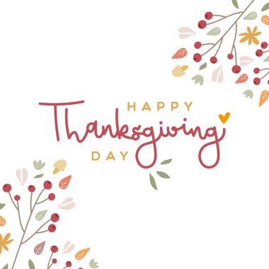 Şükran Günün kutlu olsun. Zarif harfler. Beyaz arka planda sonbahar yaprakları, dallar, meyveler ve mantarlar. Sıcak renkler. Vektör illüstrasyonu, düz tasarım